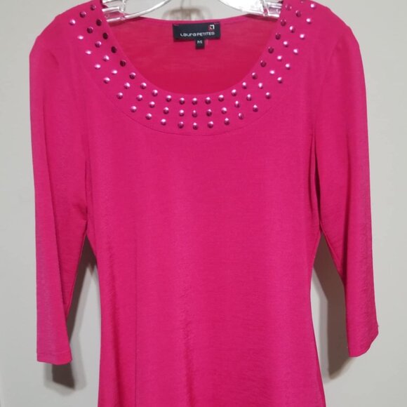 Laura Top Petite Small Pink Tunic Studs 3/4 Sleeve Slits Modern Office - Picture 1 of 5